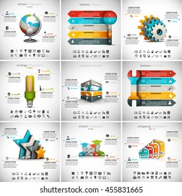 Ilustración vectorial de diferentes plantillas de infografía. 9 en 1 set.