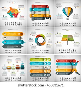 Vector illustration of different infographic templates. 9 in 1 set.