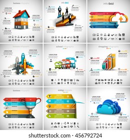 Vector illustration of different infographic templates. 9 in 1 set.