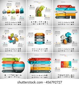 Vector illustration of different infographic templates. 9 in 1 set.