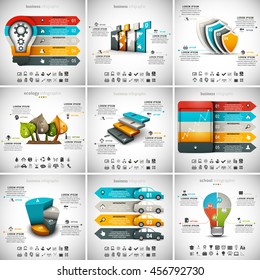 Ilustração vetorial de diferentes modelos infográficos. 9 em 1 conjunto.