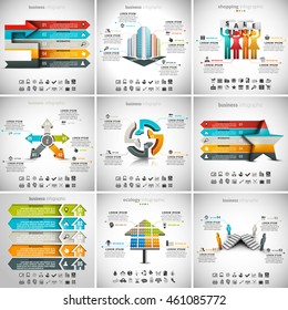 Vector illustration of different infographic templates. 9 in 1 set.