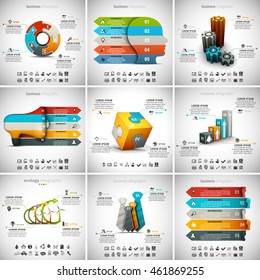 Vector illustration of different infographic templates. 9 in 1 set.