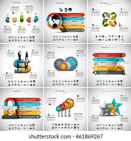 Vector illustration of different infographic templates. 9 in 1 set.