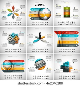 Vector illustration of different infographic templates. 9 in 1 set.