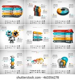 Vector illustration of different infographic templates. 9 in 1 set.
