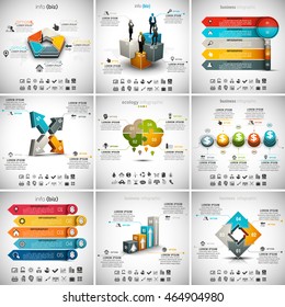 Vector illustration of different infographic templates. 9 in 1 set.