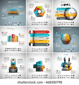 Vector illustration of different infographic templates. 9 in 1 set.