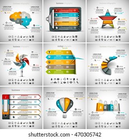Vector illustration of different infographic templates. 9 in 1 set.