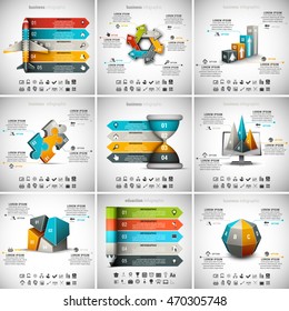Vector illustration of different infographic templates. 9 in 1 set.