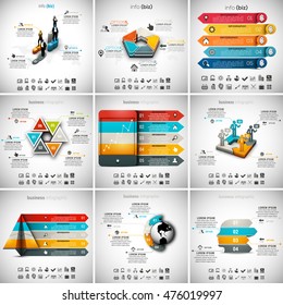 Vector illustration of different infographic templates. 9 in 1 set.