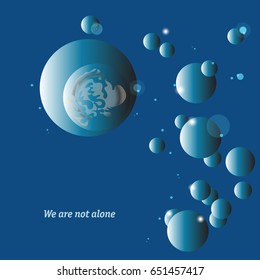 Vector illustration of different isolated absract cosmic spheres  Handwritten text  over blue  background