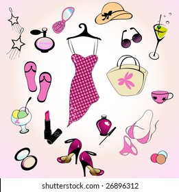 Vector illustration of different items related to glamour summer lifestyle.