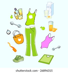 Vector illustration of different items related to sport and healthy lifestyle.