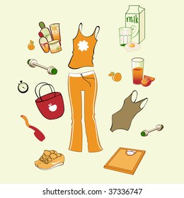 Vector illustration of different items related to sport and healthy lifestyle