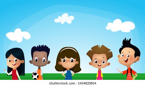 Vector illustration of different kids on blue sky banner. Vector