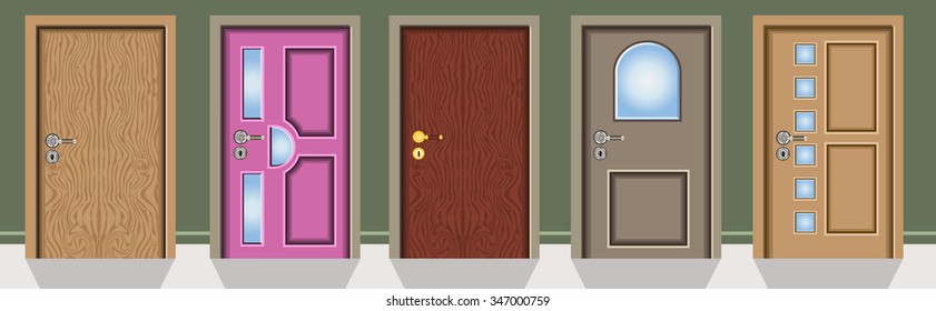 Vector illustration of different kind of doors on a green wall 