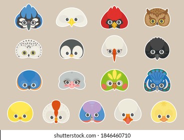 Vector illustration of different kinds of Birds. Birds icons or stickers. Animal paper face masks for children.