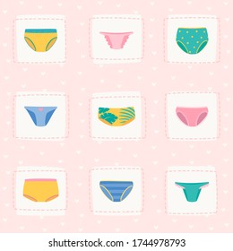 Ilustración vectorial de diferentes tipos de ropa interior colorida. Corazones de fondo rosado.