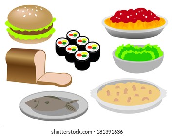 Vector illustration of different kinds of common food: burger, bread, fish, sushi, spaghetti, green salad, baked cheese and macaroni