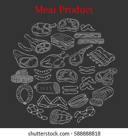 Vector  illustration with different kinds of meat beef steak, lamb chop, pork, chicken and sausages, doodle sketch style, isolated on chalkboard background.