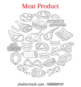 Vector  illustration with different kinds of meat beef steak, lamb chop, pork, chicken and sausages, doodle sketch style, isolated on white background.