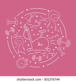 Vector illustration of different kinds of sports equipment arranged in a circle. Including icons of skipping rope, stopwatch, exercise bike, dumbbells. Isolated elements 
on a colored background.
