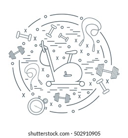 Vector illustration of different kinds of sports equipment arranged in a circle. Including icons of skipping rope, stopwatch, exercise bike, dumbbells. Isolated elements on white background.