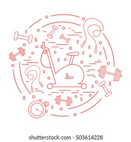 Vector illustration of different kinds of sports equipment arranged in a circle. Including icons of skipping rope, stopwatch, exercise bike, dumbbells. Isolated elements on white background.
