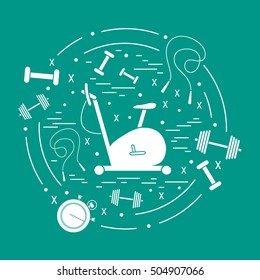 Vector illustration of different kinds of sports equipment arranged in a circle. Including icons of skipping rope, stopwatch, exercise bike, dumbbells. Isolated elements on a colored background.