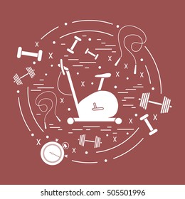 Vector illustration of different kinds of sports equipment arranged in a circle. Including icons of skipping rope, stopwatch, exercise bike, dumbbells. Isolated elements 
on a colored background.