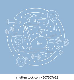 Vector illustration of different kinds of sports equipment arranged in a circle. Including icons of skipping rope, stopwatch, exercise bike, dumbbells. Isolated elements 
on a colored background.