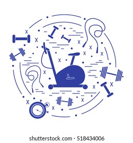 Vector illustration of different kinds of sports equipment arranged in a circle. Including icons of skipping rope, stopwatch, exercise bike, dumbbells. Isolated elements on white background.