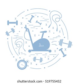 Vector illustration of different kinds of sports equipment arranged in a circle. Including icons of skipping rope, stopwatch, exercise bike, dumbbells. Isolated elements on white background.