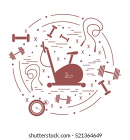Vector illustration of different kinds of sports equipment arranged in a circle. Including icons of skipping rope, stopwatch, exercise bike, dumbbells. Isolated elements on white background.
