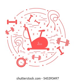 Vector illustration of different kinds of sports equipment arranged in a circle. Including icons of skipping rope, stopwatch, exercise bike, dumbbells. Isolated elements on white background.