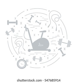 Vector illustration of different kinds of sports equipment arranged in a circle. Including icons of skipping rope, stopwatch, exercise bike, dumbbells. Isolated elements on white background.