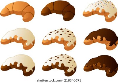 Vector illustration of different kinds of sweet french croissants.