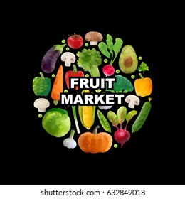 Vector illustration of a different kinds of vegetables. Trendy polygonal vegetables in a circle design element.