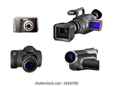 Vector illustration of different kinds of video and photo cameras.