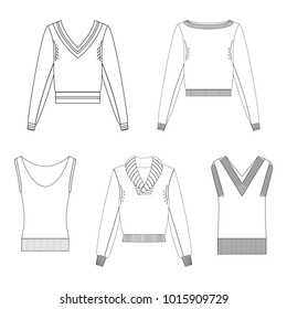 Vector illustration. Different knitwear set. Technical line drawing