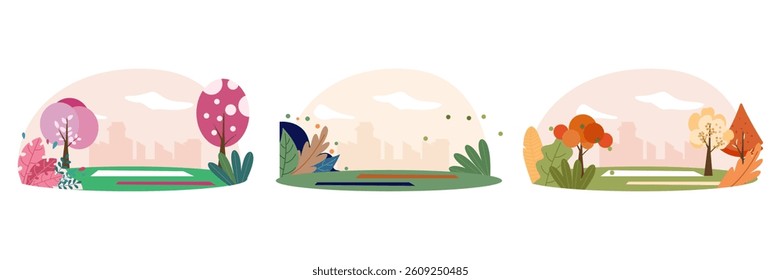 Vector illustration with different landscape and yoga mats. Different seasons, trees and bushes in a clearing. Set of landscape illustrations.