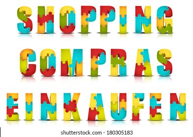 Vector illustration of different languages shopping words made by puzzle(English, Spanish and German).