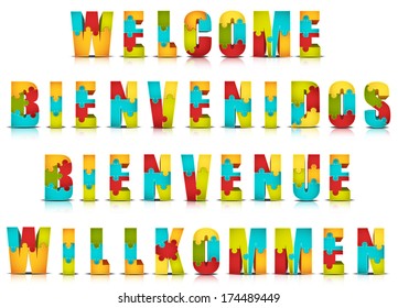 Vector illustration of different languages welcome words made by puzzle(English, Spanish, French and German).