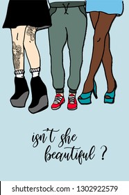 Vector  illustration with different legs with text. Beautiful legs. Female and male beauty.