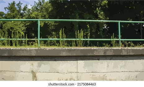 Vector illustration of different levels of sidewalks. Concrete wall with railing on top. View from the sidewalk below. Concrete, iron railings, trees, nature.