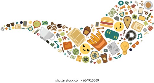 vector illustration of different lifestyle things lat lay in wave shape