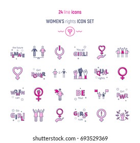 Vector illustration of different line color icons dedicated to women's rights