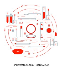 Vector illustration of different lip make-up tools arranged in a circle. Including icons of lipsticks, mirror, lip liner, lip gloss, lip. Glamour fashion vogue style.