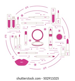 Vector illustration of different lip make-up tools arranged in a circle. Including icons of lipsticks, mirror, lip liner, lip gloss, lip. Glamour fashion vogue style.